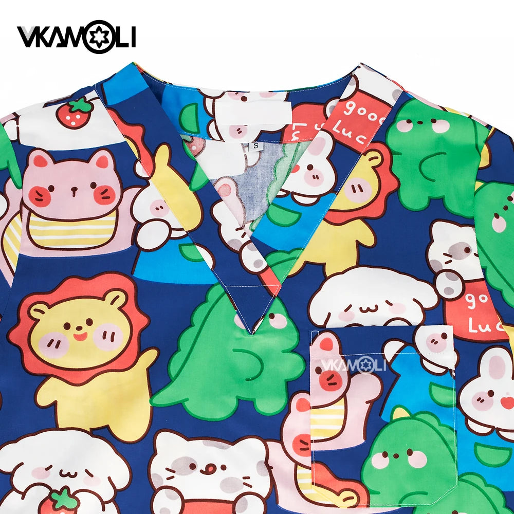 Cartoon print scrub tops by VKAMOLI, featuring vibrant animal designs and a V collar, perfect for medical use.