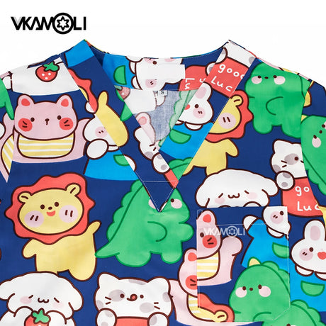 Cartoon print scrub tops by VKAMOLI, featuring vibrant animal designs and a V collar, perfect for medical use.