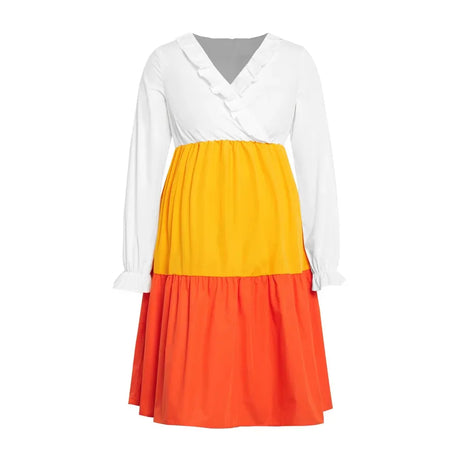 V-Neck color contrast maternity dress with long sleeves in white, yellow, and orange.