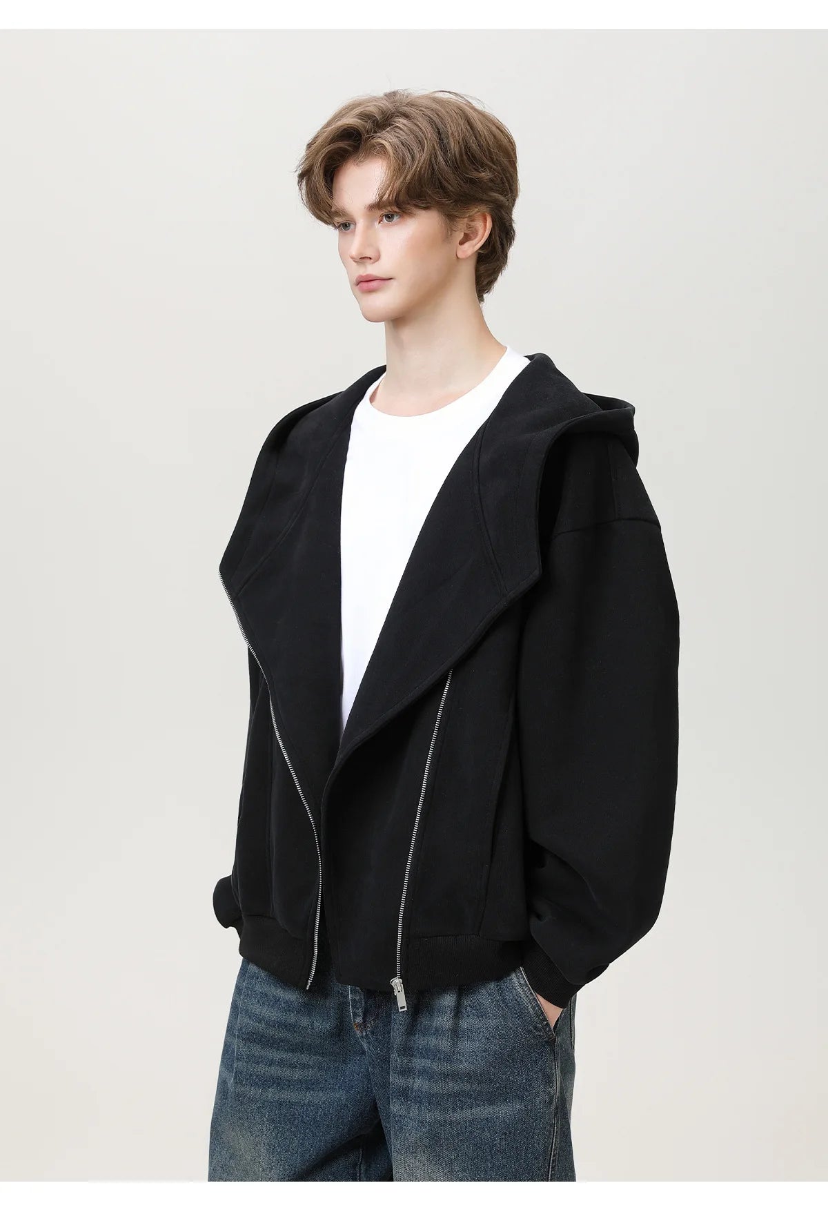Slant Zipper Hooded Cardigan Jacket
