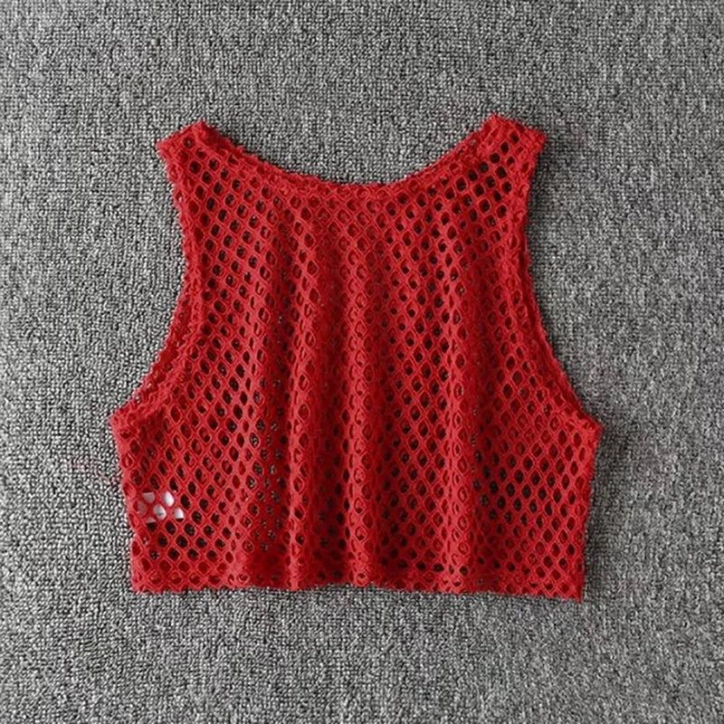 MeshGlow™ hollow-out summer crop top in red fishnet, breathable fabric, casual loose fit for women.