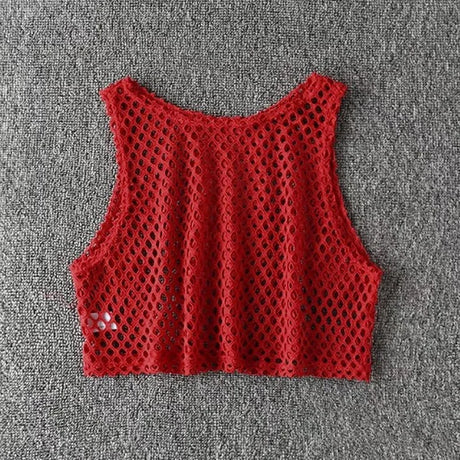 MeshGlow™ hollow-out summer crop top in red fishnet, breathable fabric, casual loose fit for women.