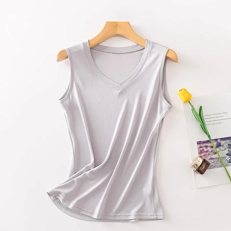 Silkaire™ 100% Mulberry Silk V-Neck Strap Top in gray, premium sleepwear vest for women.
