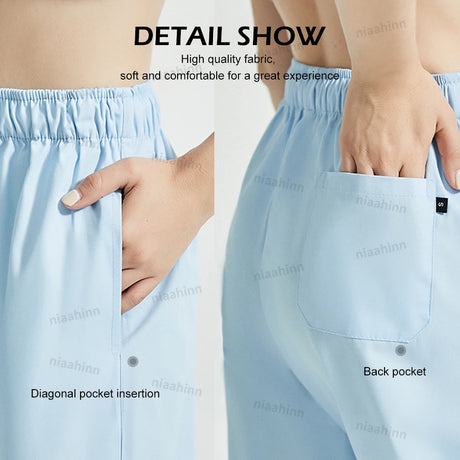 Close-up of light blue dental scrubs highlighting diagonal and back pocket details, showcasing high-quality fabric.