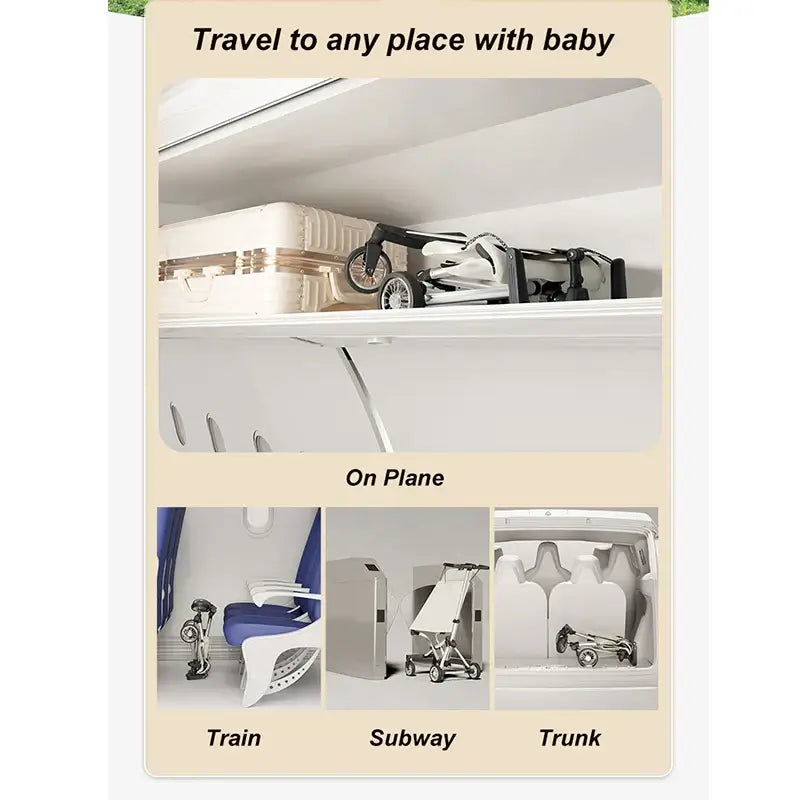 Lightweight travel stroller fits in overhead compartments for airplane, train, subway, and trunk storage.