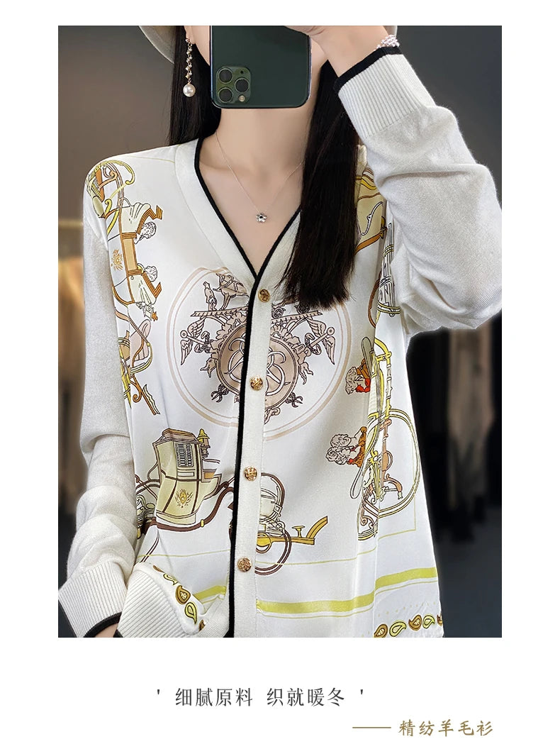 Women's Printed Stitching Wool Cardigan