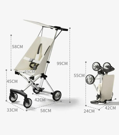 Lightweight travel stroller specifications with adjustable features and all-terrain wheels, perfect for children aged 1-6 years.