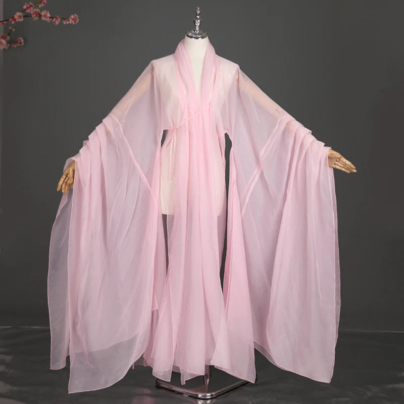 Elegant Women's Classical Hanfu stage costume in soft pink, featuring flowing sleeves and lightweight polyester fabric.