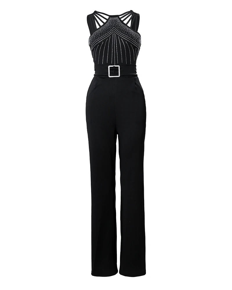 GlimmaStrap™ – Multi-Strap Rhinestone Jumpsuit (Black, Glamorous & Eye-Catching)