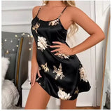 Women Black Floral Satin Nightdress Casual Sleep Shirt