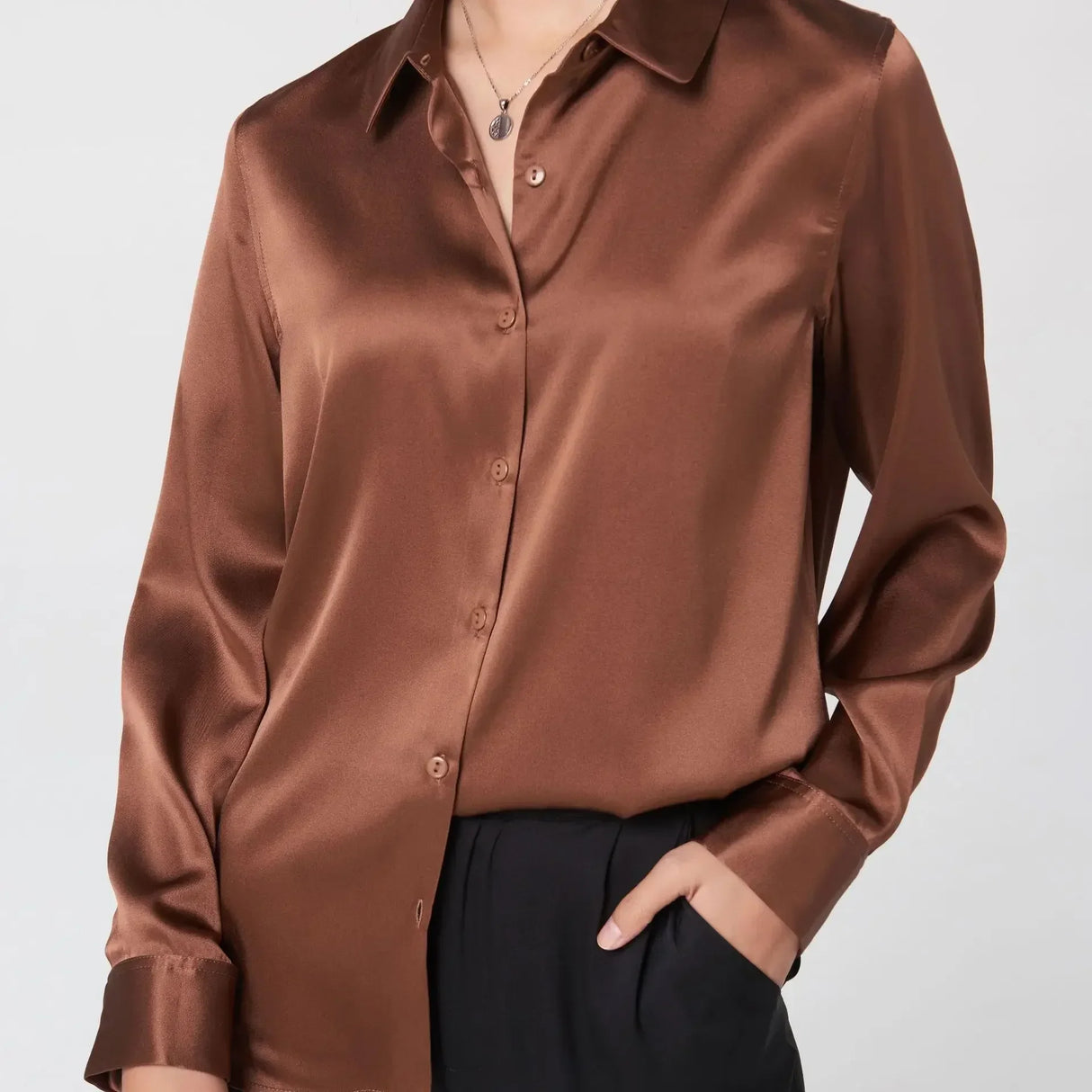 SatinGrace™ long sleeve silk shirt in rich brown color, featuring single-breasted front and loose fit for women.