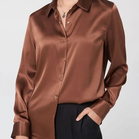 SatinGrace™ long sleeve silk shirt in rich brown color, featuring single-breasted front and loose fit for women.