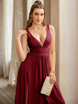 V-neck burgundy satin bridesmaid evening dress with a split gown style, showcasing elegance and sophistication.