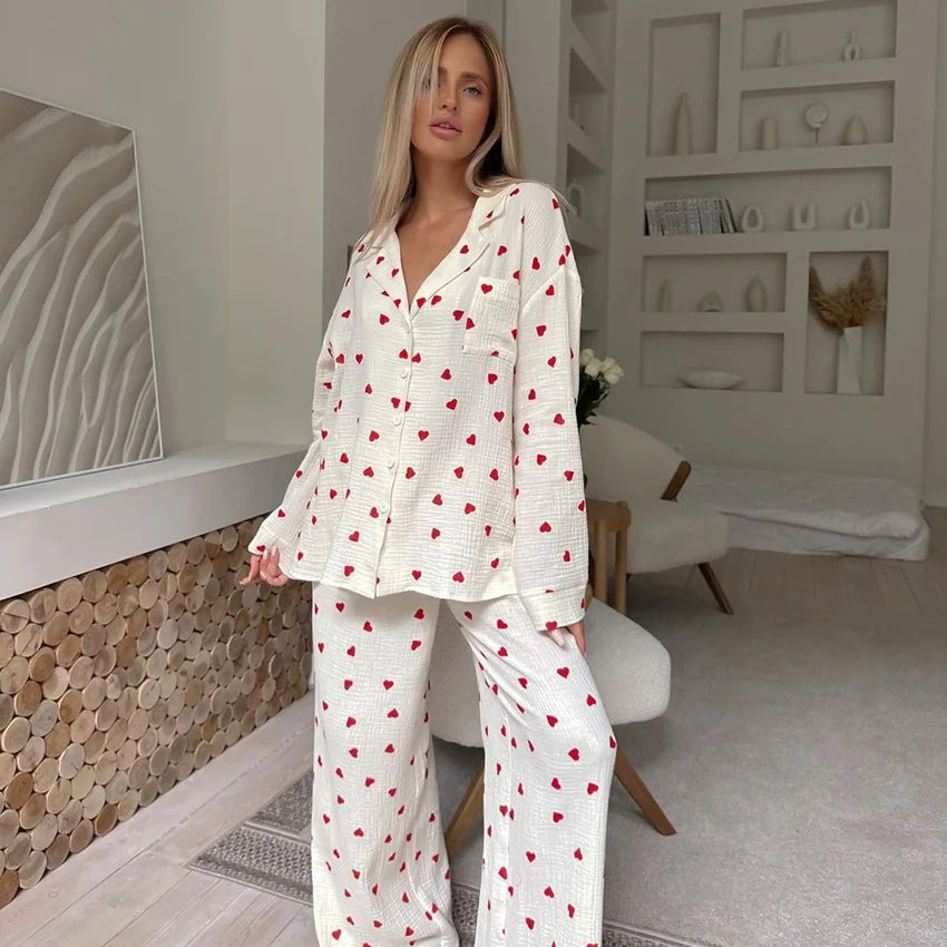 Women Cotton Pajama Set with Hearts