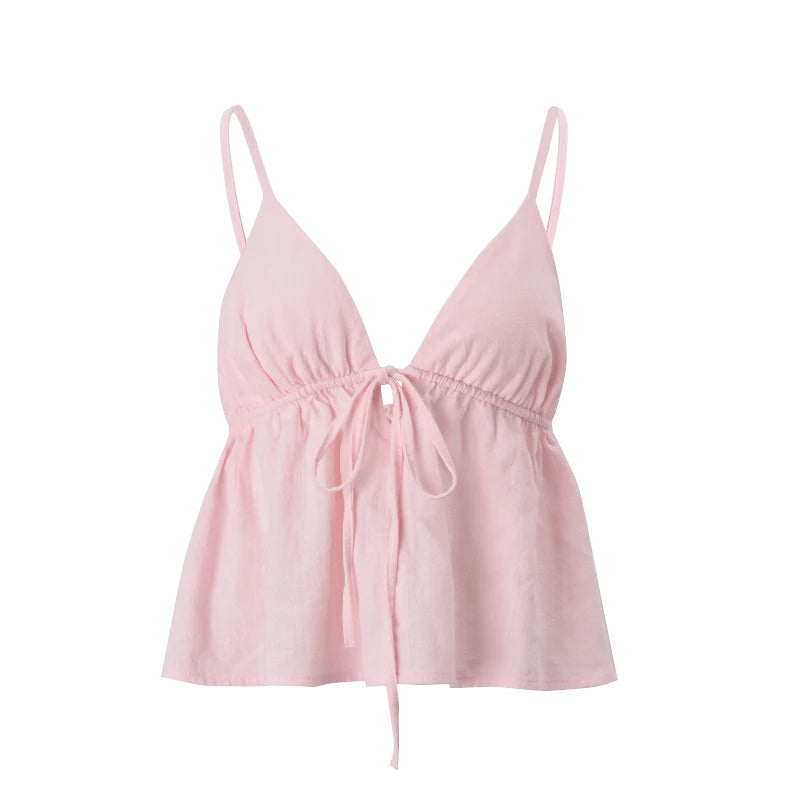 Off Shoulder V‑Neck Pink Crop Tank Top