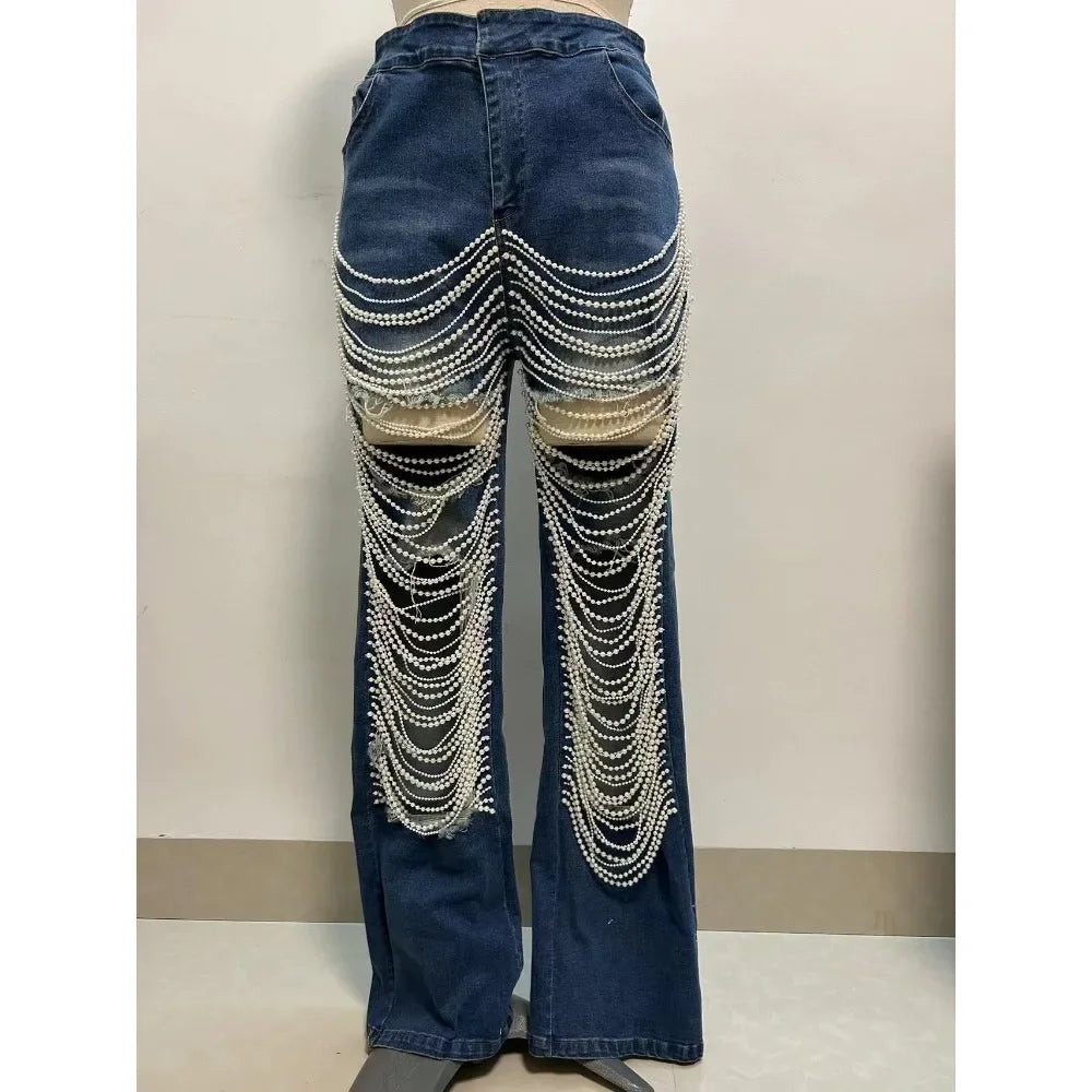 ChainTear™ – Bead Chain Ripped Slim Denim Pants 2025 (Grungy, Sleek & Decorative)