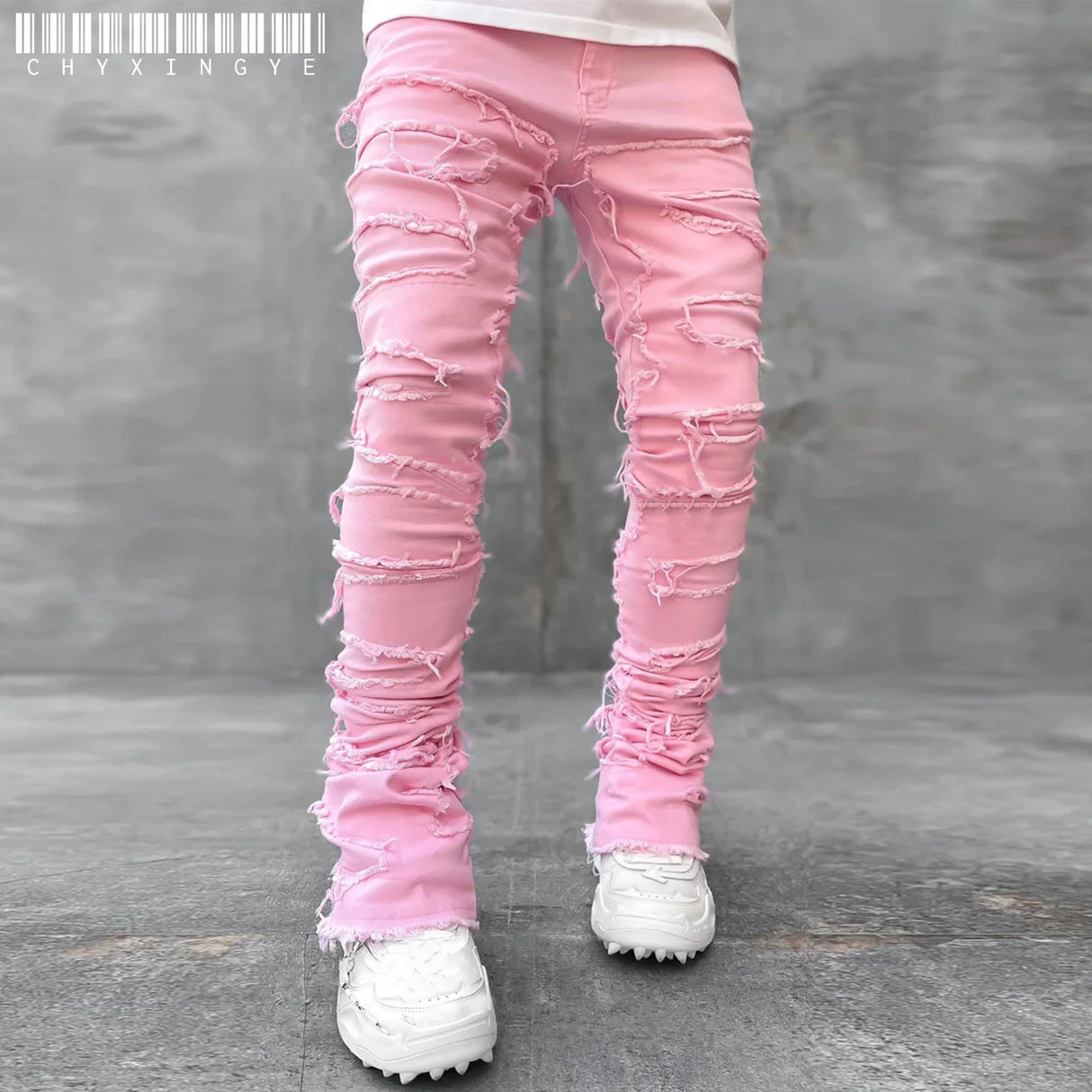 Men Patchwork Stacked Jeans