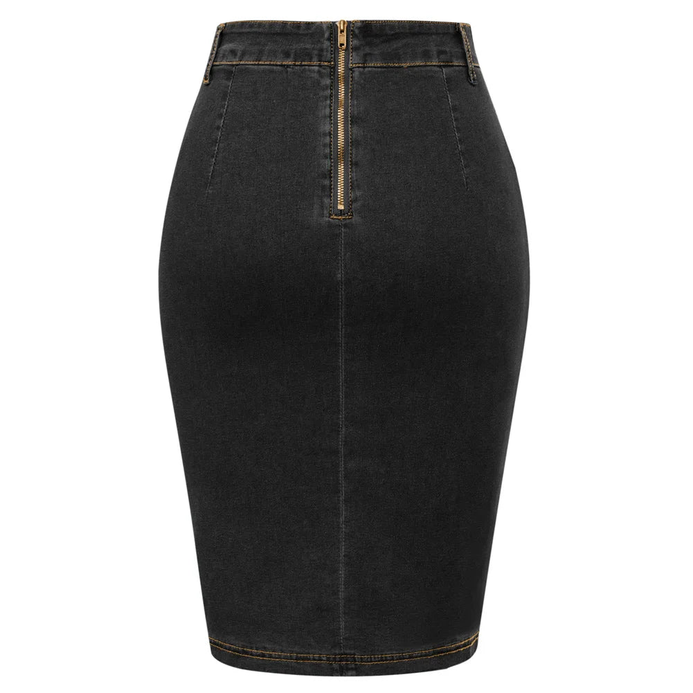 BuckleCurve™ – Ruched Belt Bodycon Skirt (High Waist Retro Denim)