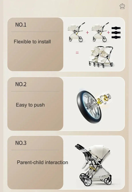 Features of a twins baby stroller: flexible installation, easy to push, and parent-child interaction design.