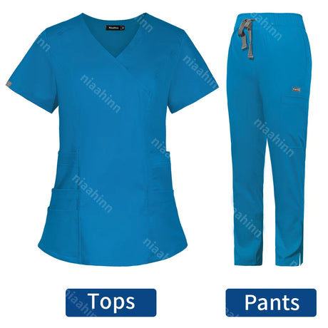 Solid color women's scrub set featuring a V-neck top and matching pants, ideal for veterinary and beauty professionals.