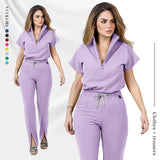 Women's medical scrub set featuring a zipper top and stylish pants in lavender color, suitable for various healthcare settings.