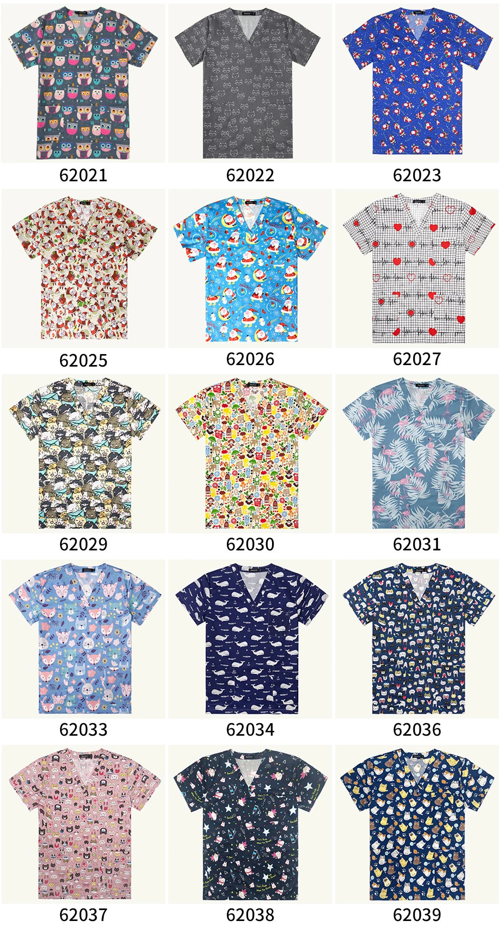 Collection of colorful women's hospital nurse scrubs with fun prints and patterns, showcasing versatility and style for medical uniforms.
