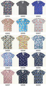 Collection of colorful women's hospital nurse scrubs with fun prints and patterns, showcasing versatility and style for medical uniforms.