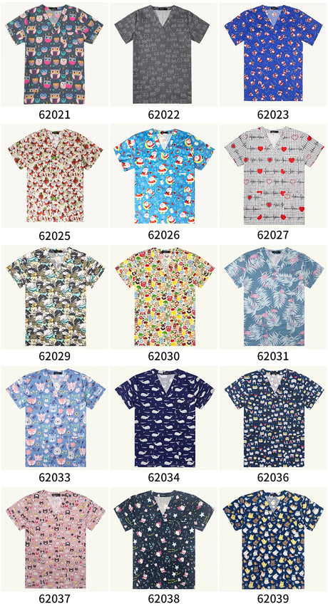 Collection of colorful women's hospital nurse scrubs with fun prints and patterns, showcasing versatility and style for medical uniforms.