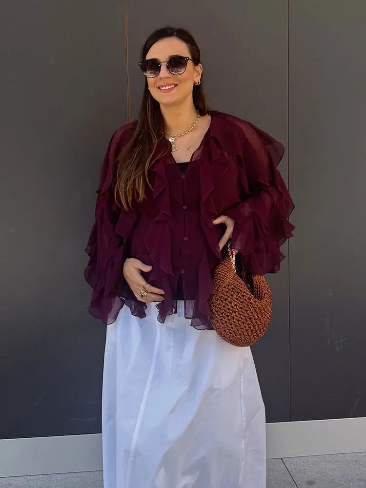 Rufflynn™ – Translucent Ruffle Blouse (V-Neck, Hollow-Out Chic for Spring/Summer)