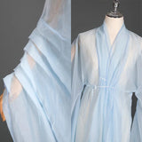 Close-up of a Women's Classical Hanfu stage costume in light blue, showcasing elegant fabric details and traditional design.