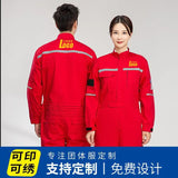 Red anti-static flame-resistant workwear suit for welding, featuring reflective stripes and customizable logo options.