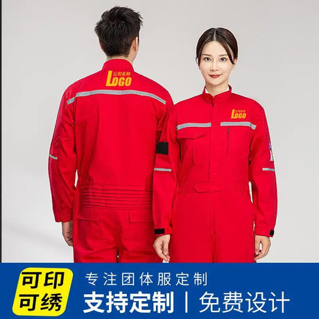 Red anti-static flame-resistant workwear suit for welding, featuring reflective stripes and customizable logo options.