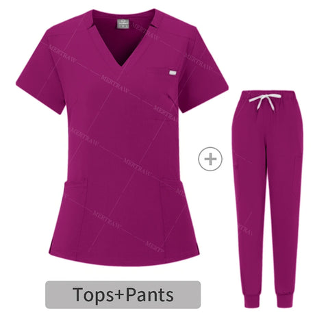 Summer breathable scrub set in vibrant purple color, including top and pants, ideal for women in healthcare settings.