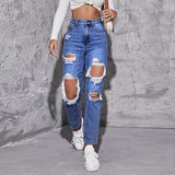 Women Retro Hole Wide-Leg Jeans