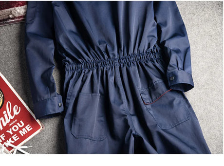 Navy mechanic welding coveralls featuring an elastic waistband and pockets, ideal for auto repair and utility.