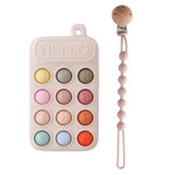 Silicone baby teether toy shaped like a phone with colorful buttons and matching pacifier clip.