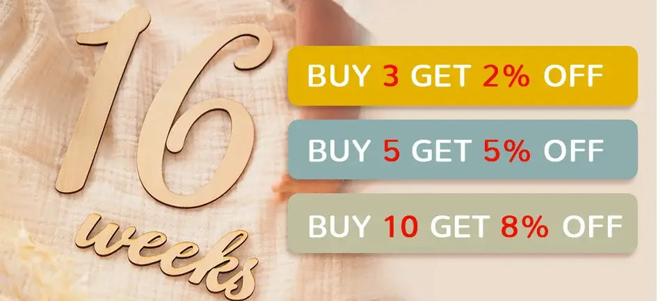 Promotional graphic for baby milestone cards, showcasing discounts for purchasing multiple sets.