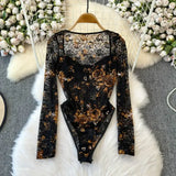 Women Square Neck Mesh Print Bodysuit