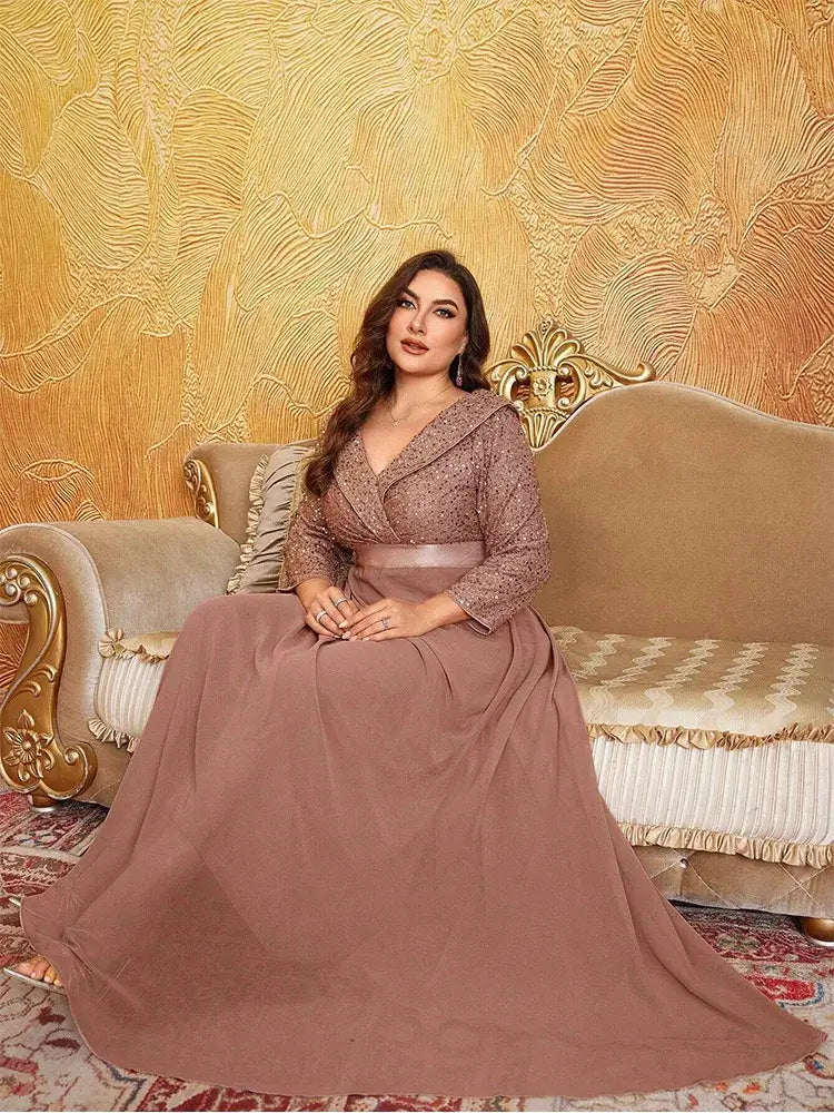 Women Plus Size Chiffon Sequin Long Sleeve Evening Dress