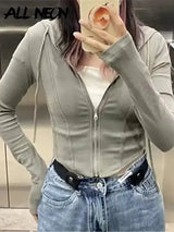 Women Cropped Zip Hoodie Y2K Corset Hem Sweatshirt