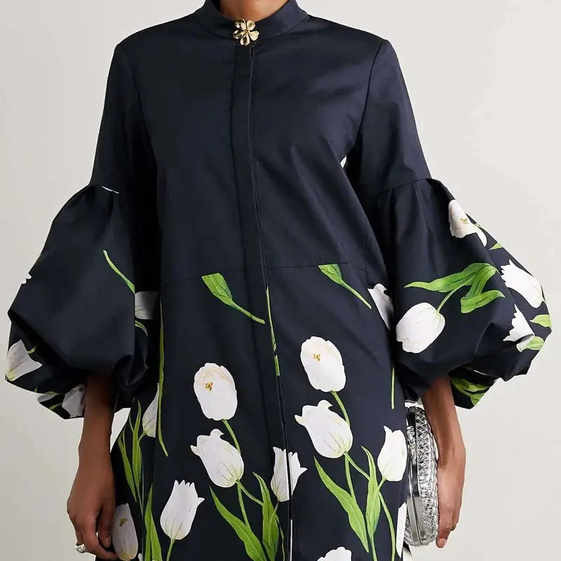 Women Floral Print Trench Coat Dress