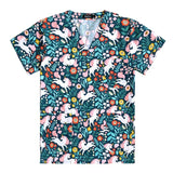 Colorful women’s nurse scrubs featuring unicorns and floral designs, perfect for medical and beauty professions.