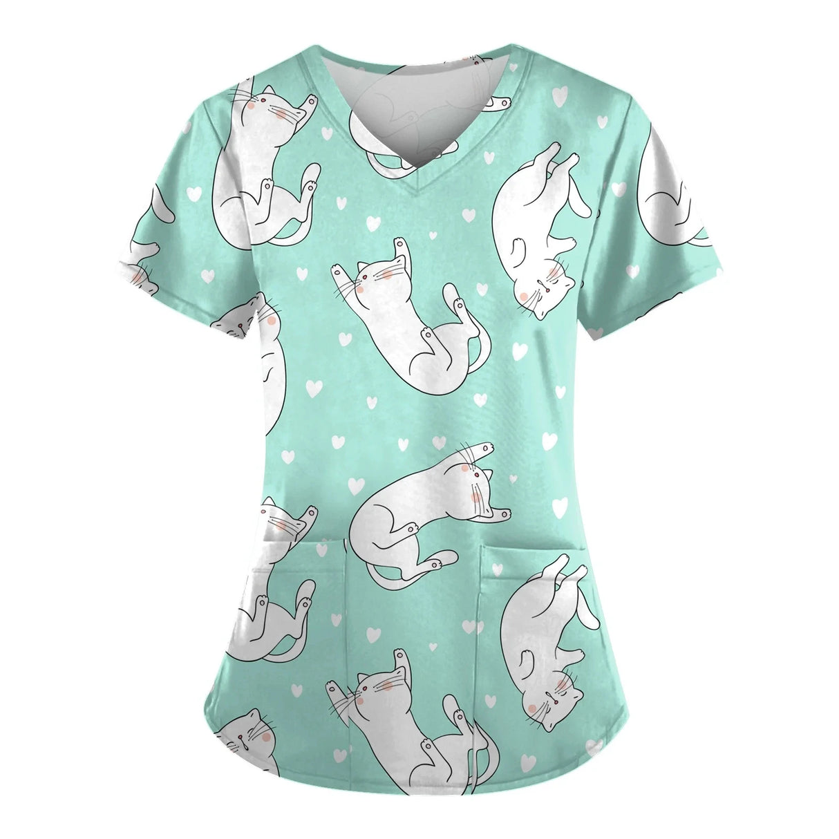 Cute turquoise scrubs featuring playful cat print with hearts, ideal for women vet nurses and medical professionals.