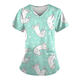 Cute turquoise scrubs featuring playful cat print with hearts, ideal for women vet nurses and medical professionals.