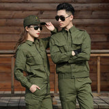 Summer cotton green work suit showcasing a welding protection set, worn by stylish models.
