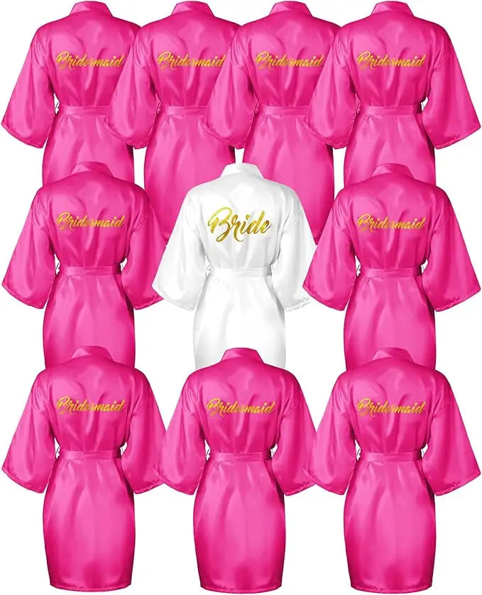 10-piece bride and bridesmaids kimono robe set in pink and white satin for weddings and bridal showers.