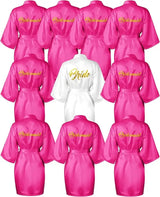10-piece bride and bridesmaids kimono robe set in pink and white satin for weddings and bridal showers.
