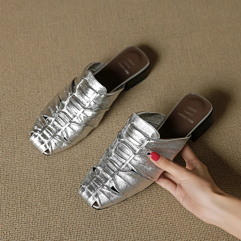 Women Mules Leather Block Heel Sandals