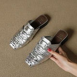 Women Mules Leather Block Heel Sandals