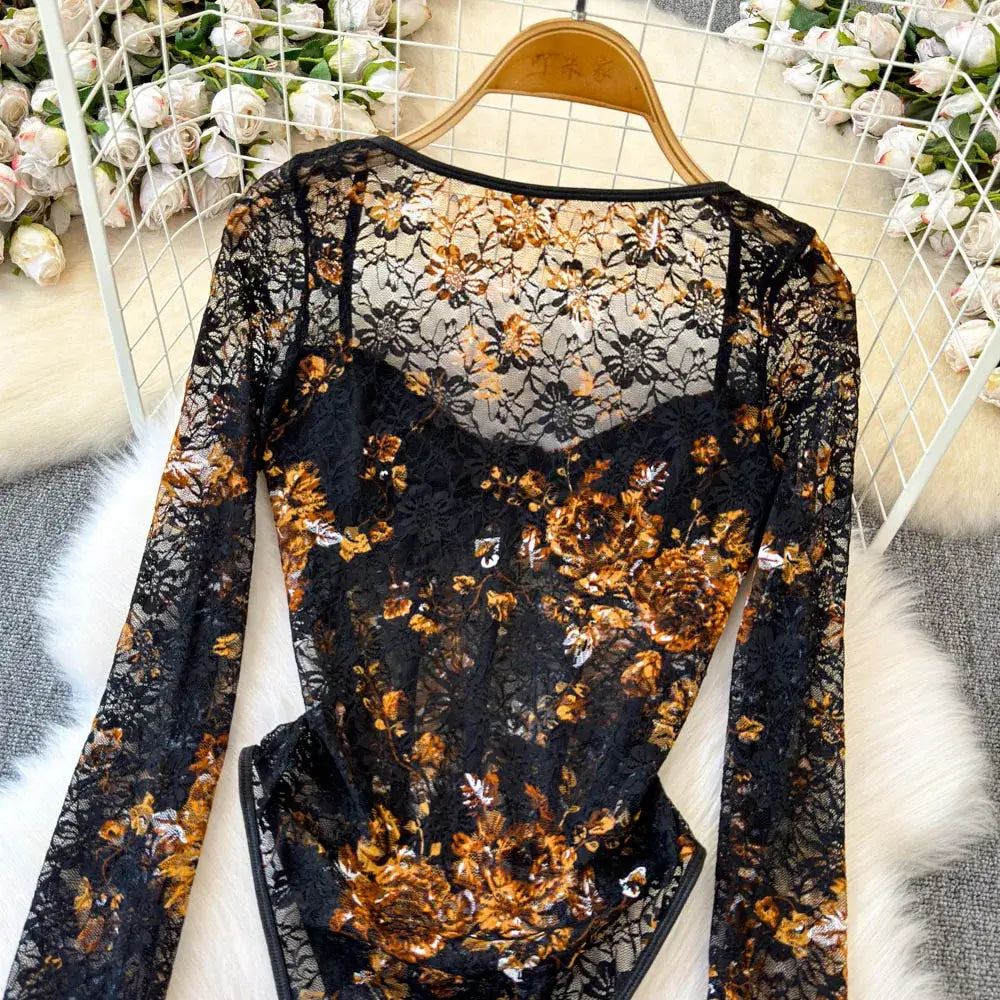 Women Square Neck Mesh Print Bodysuit